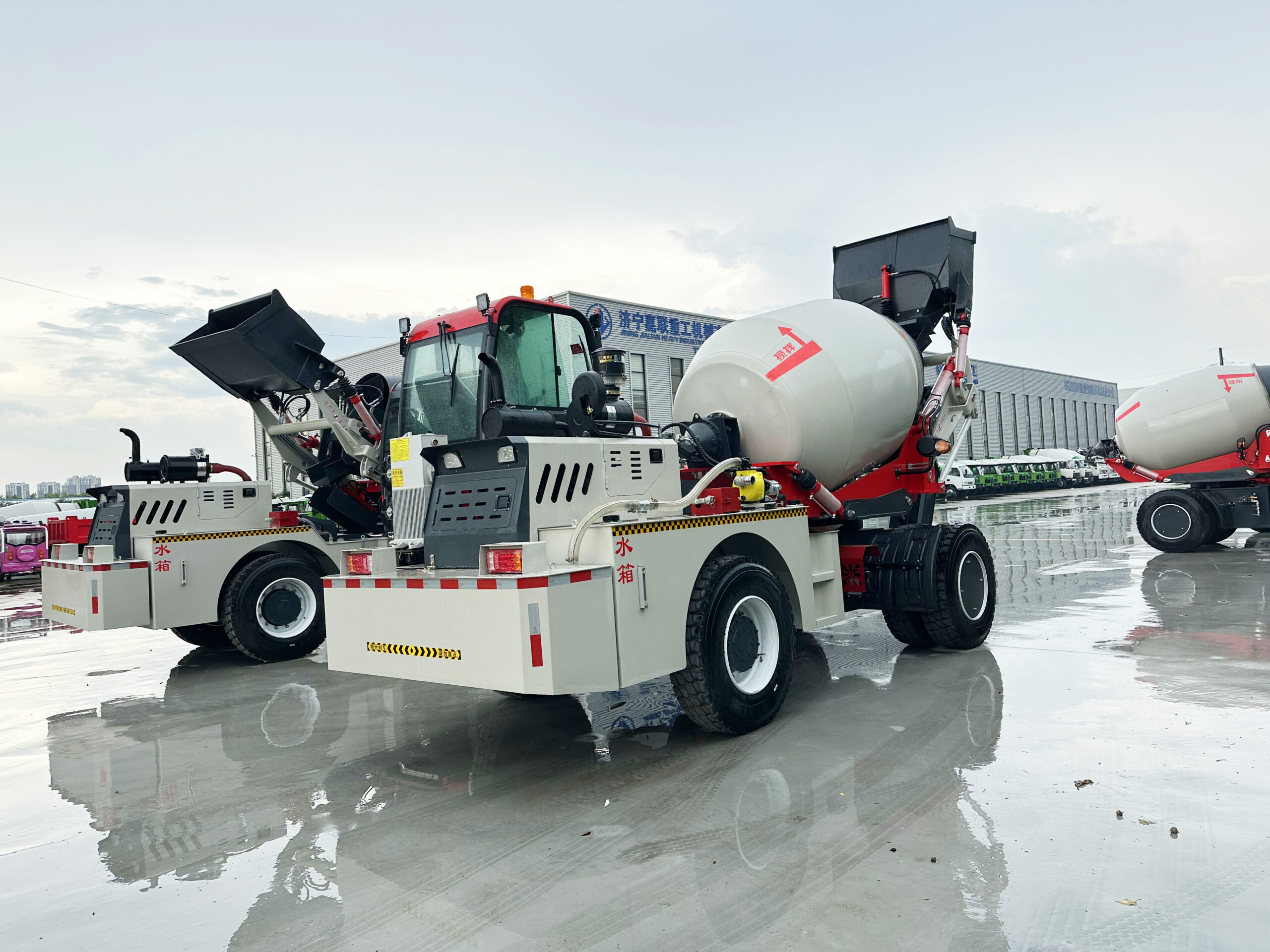 Self loading concrete mixer truck working in remote construction area